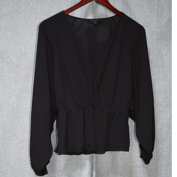 AllSaints Black Long Sleeve Wrap Peplum Blouse Size S - Picture 1 of 3